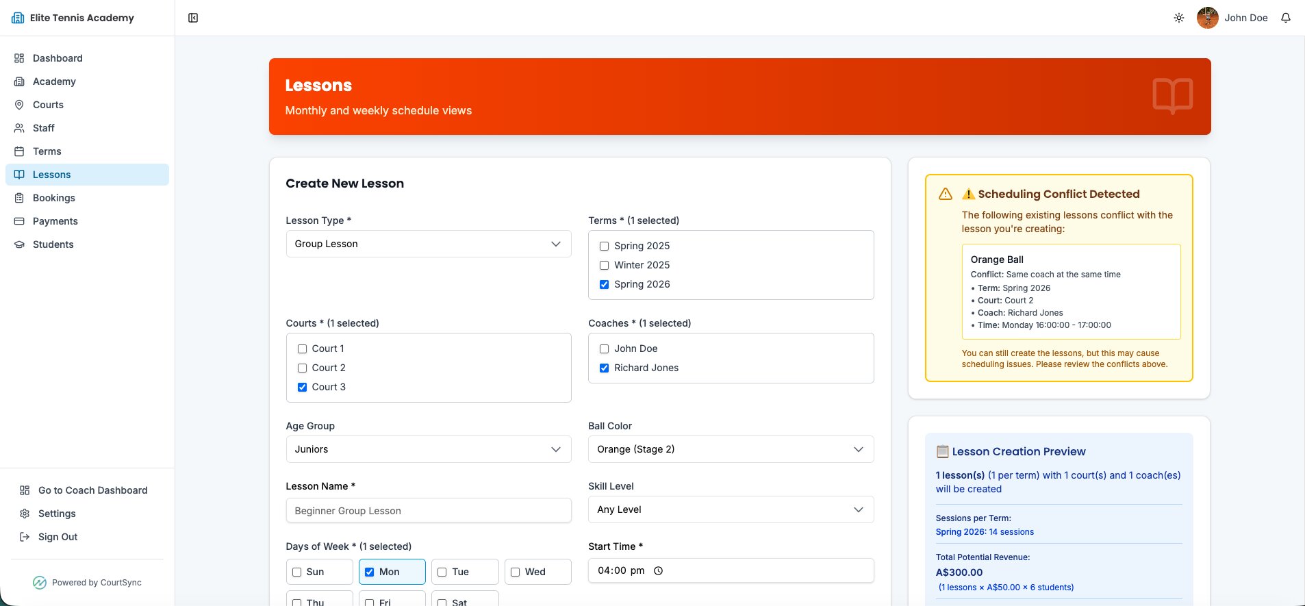 Lesson Creation - CourtSync