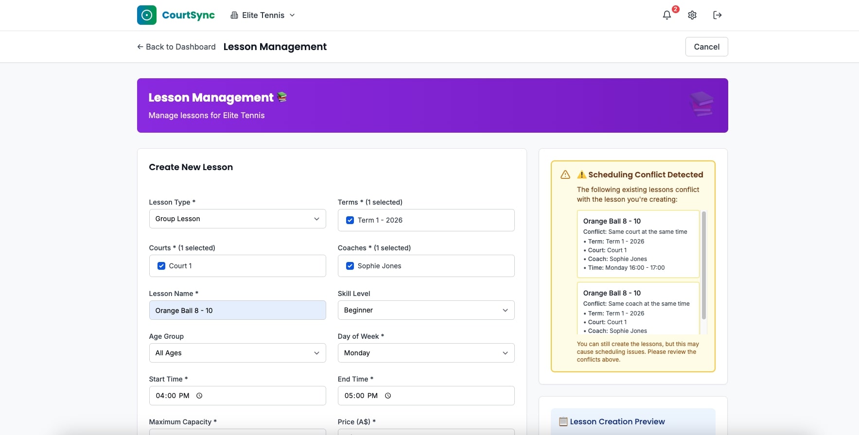 Lesson Creation - CourtSync