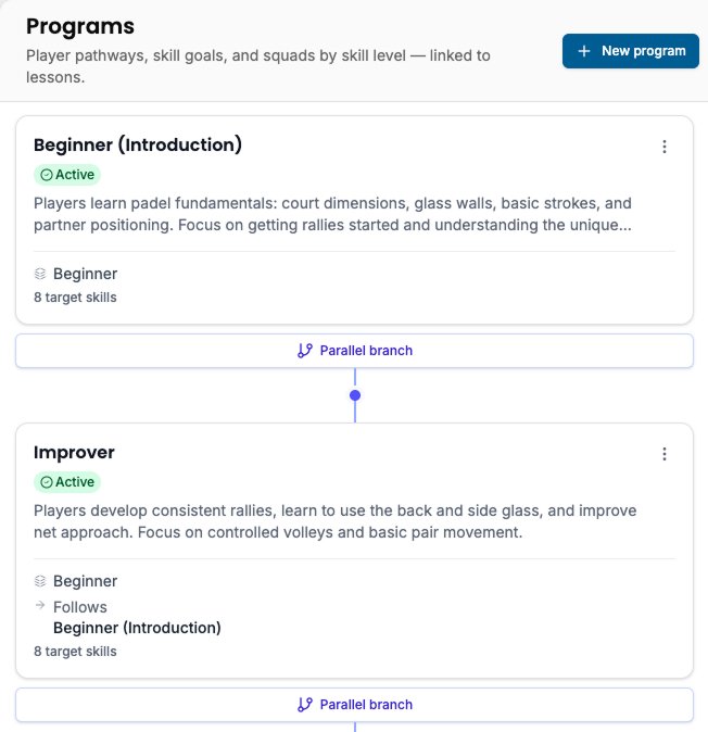 CourtSync programs page showing beginner and improver padel pathway stages with parallel branches