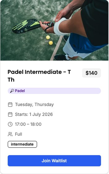 CourtSync lesson card for a full Padel Intermediate class with a Join Waitlist button