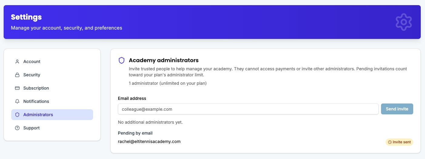 Screenshot of Academy administrators settings with invite form and pending invitations