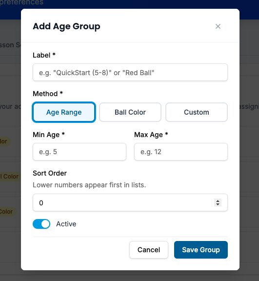 Screenshot of Age Groups settings with three grouping method examples