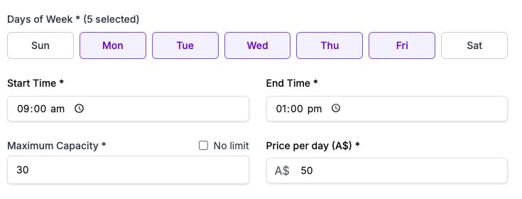 Screenshot of camp lesson creation form with pricing fields