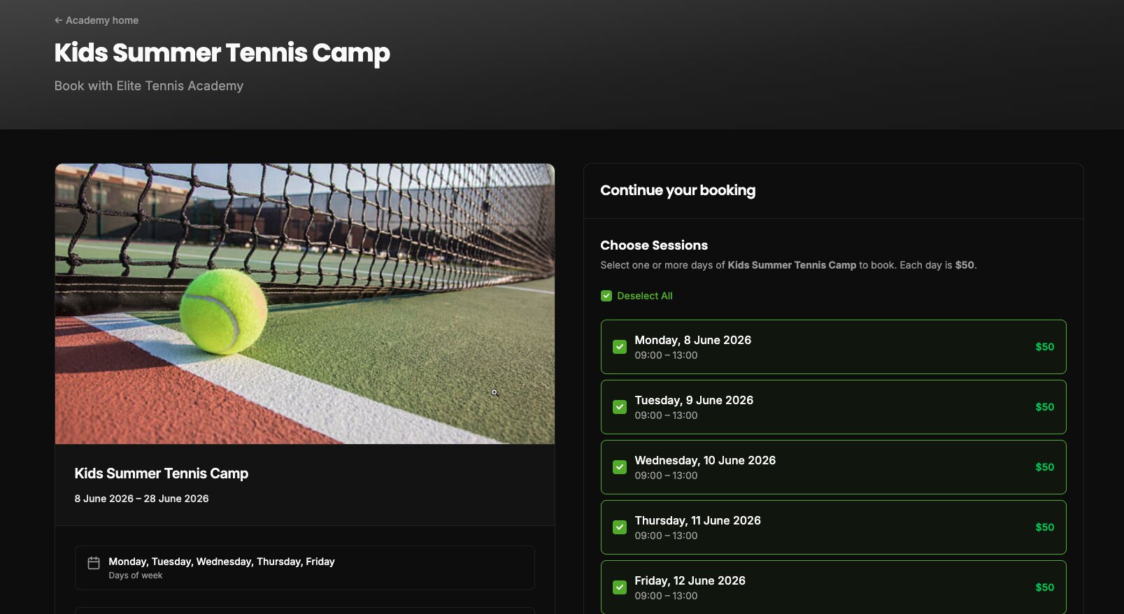 Screenshot of public camp booking with Book by day and Book full camp buttons