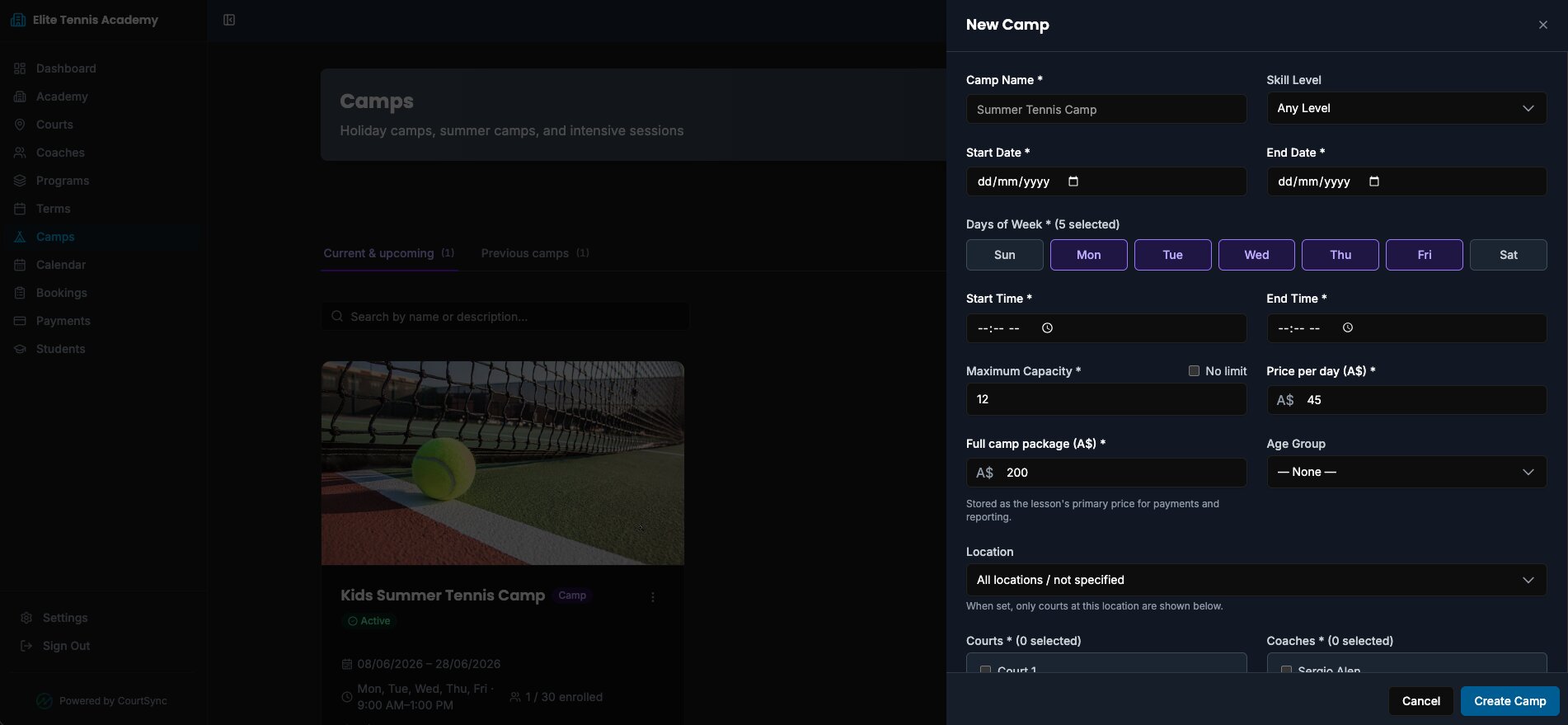 Screenshot of Camps section in owner sidebar with camp lesson list