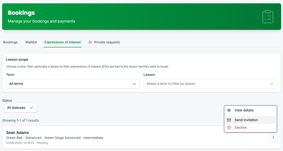 Screenshot of Expressions of interest tab in owner Bookings with Send invitation action
