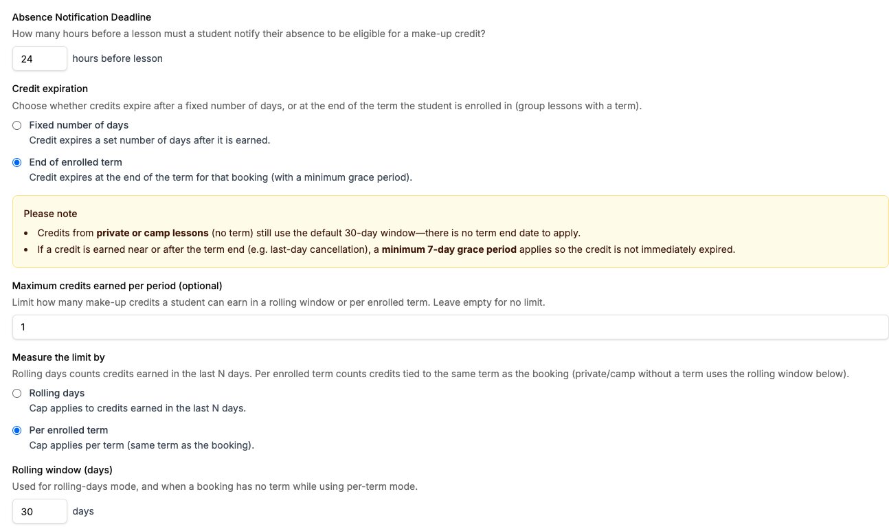 Screenshot of Academy Settings makeup lesson configuration panel