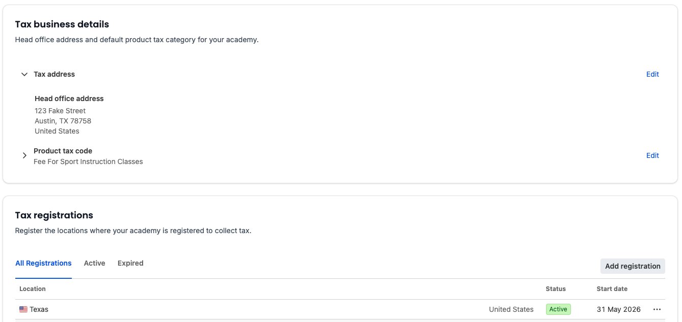Screenshot of Payments Tax tab with ConnectTaxSettings and ConnectTaxRegistrations