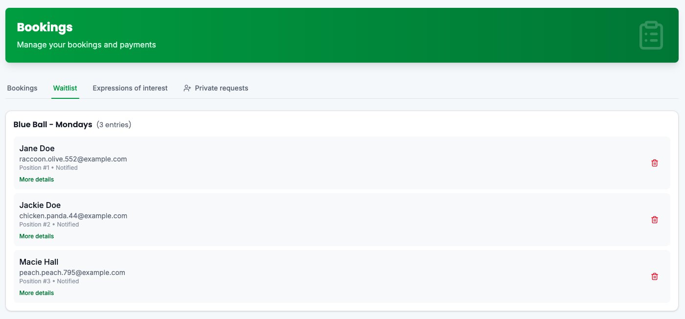 Screenshot of waitlist management in owner Bookings with notified entries