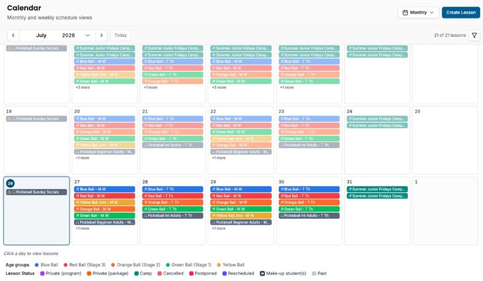 CourtSync calendar showing monthly schedule with colour-coded lessons, age groups, and lesson status legend