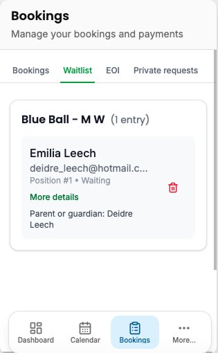 CourtSync mobile waitlist screen showing a student waiting for a Blue Ball lesson spot