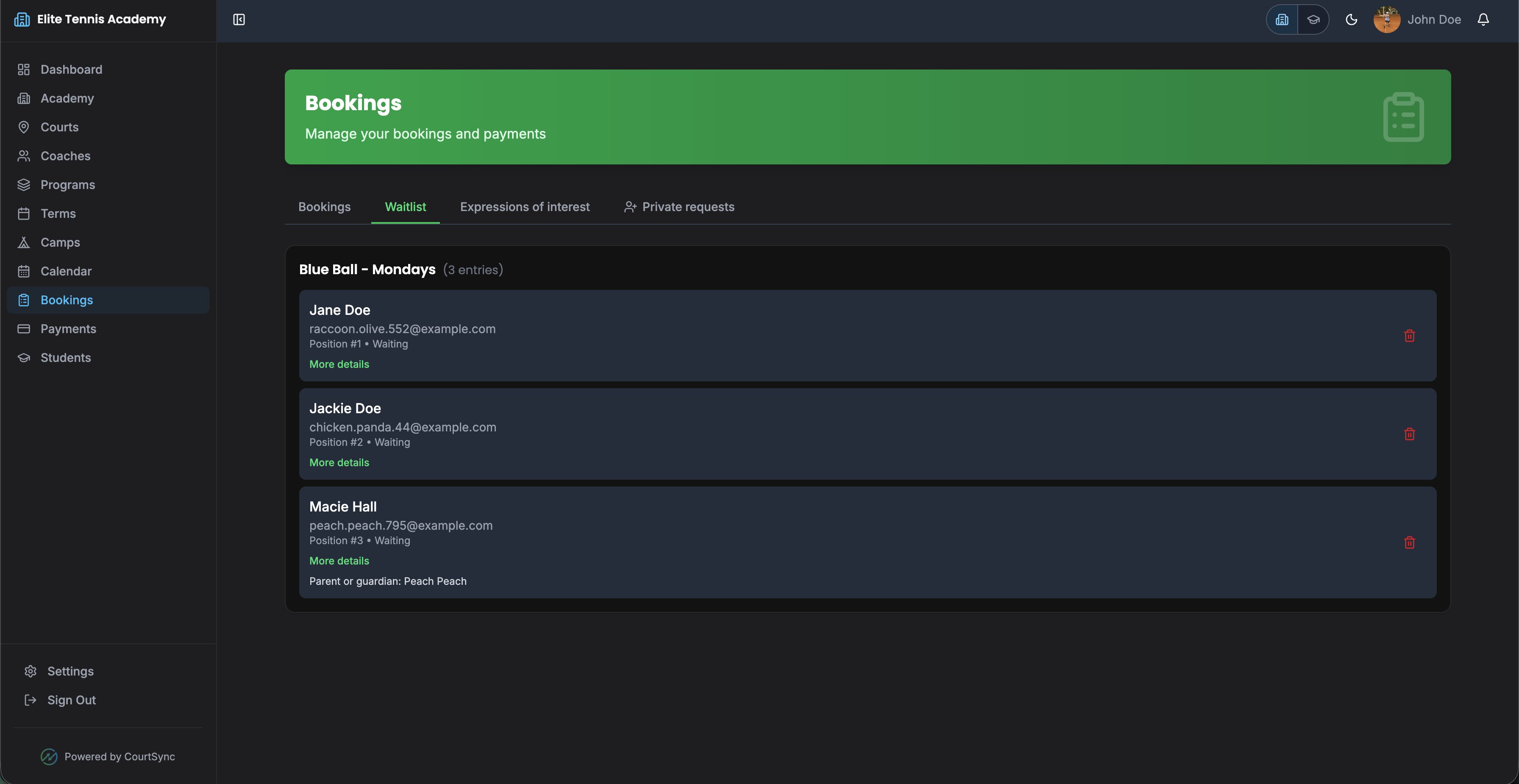 CourtSync Bookings waitlist tab showing queued students by position with contact details for a tennis lesson