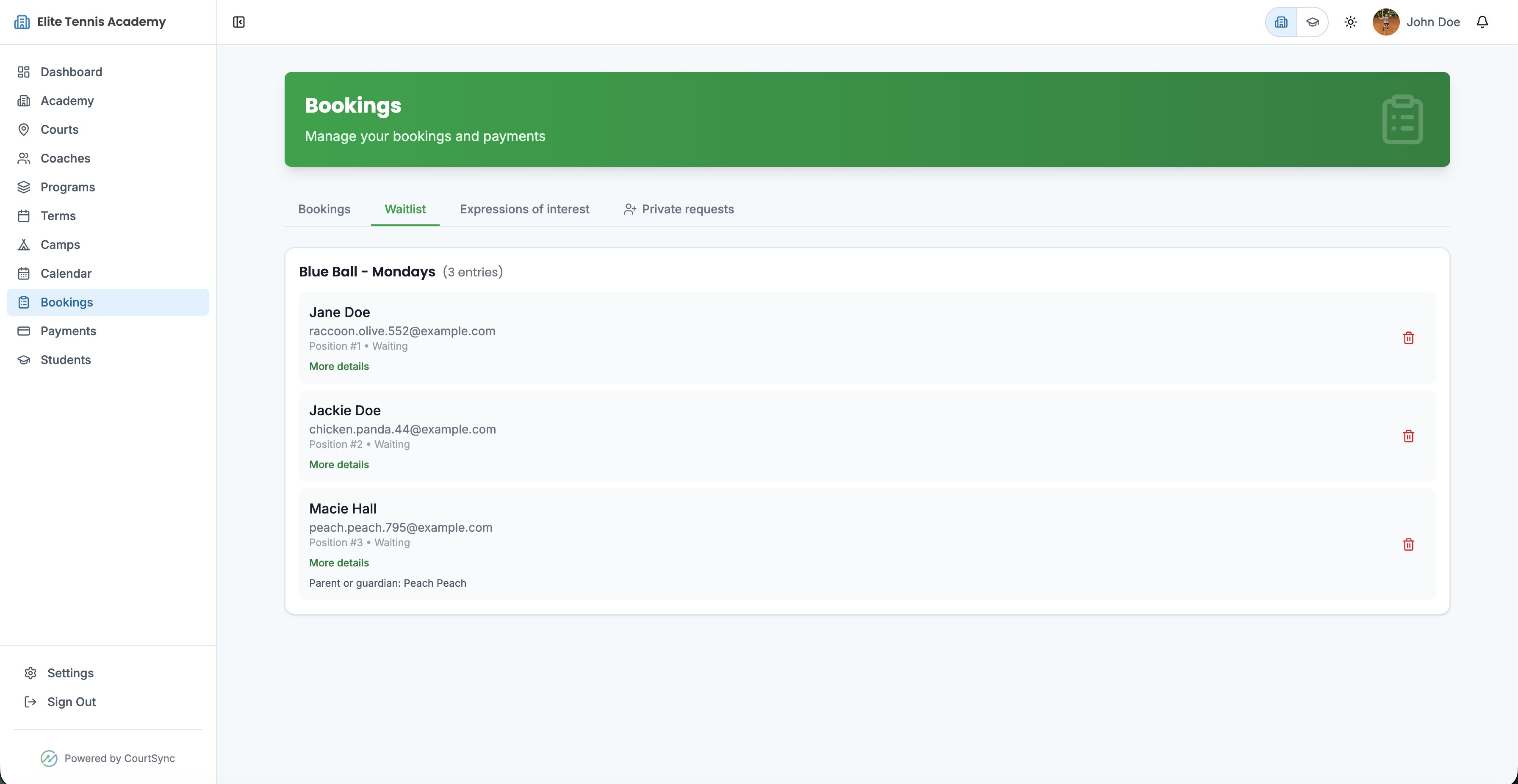CourtSync Bookings waitlist tab showing queued students by position with contact details for a tennis lesson
